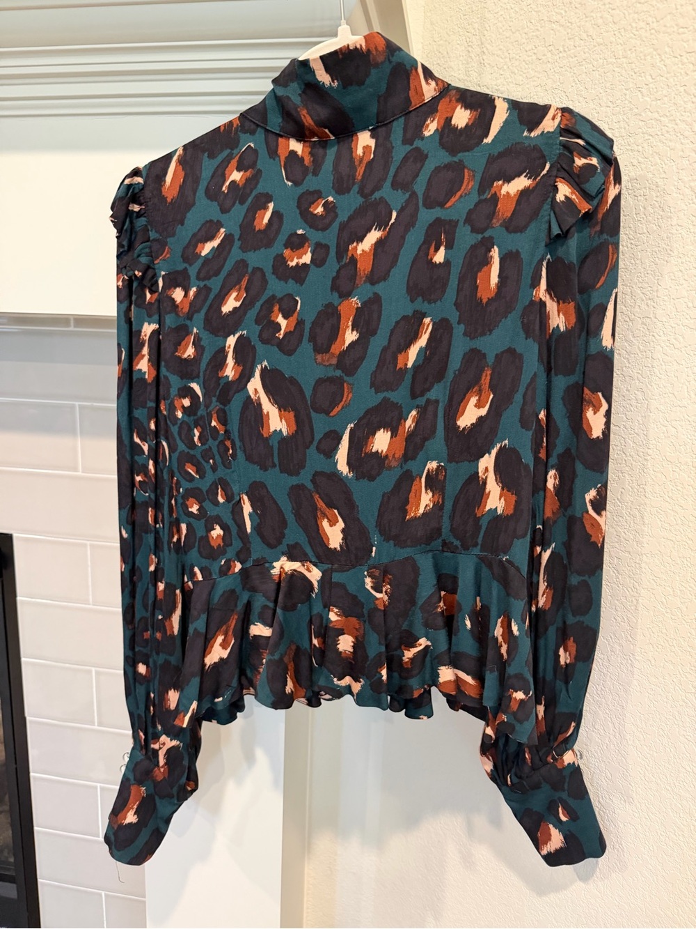Karlie Teal Leopard-Print Button Front Peplum Blouse - Picture 7 of 10
